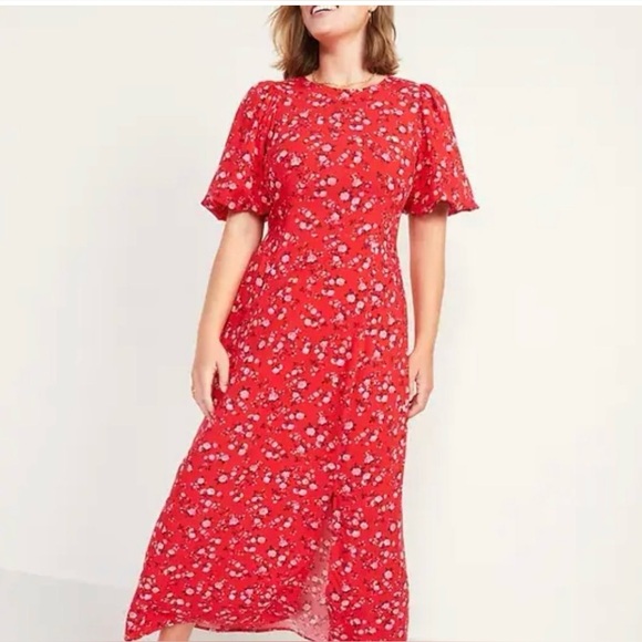 Old Navy Cut Out Back Floral Summer Red Puff Sleeves Crew Neck Midi Dress Size M - Picture 3 of 10
